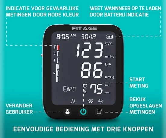 FITAGE® Bovenarm Bloeddrukmeter - Bloeddrukmeters - Hartslagmeter - Blood Pressure Monitor - Opbergtas - Omtrek Manchet 22-42cm 13 FITAGE® Bovenarm Bloeddrukmeter - Bloeddrukmeters - Hartslagmeter - Blood Pressure Monitor - Opbergtas - Omtrek Manchet 22-42cm - Afbeelding 11