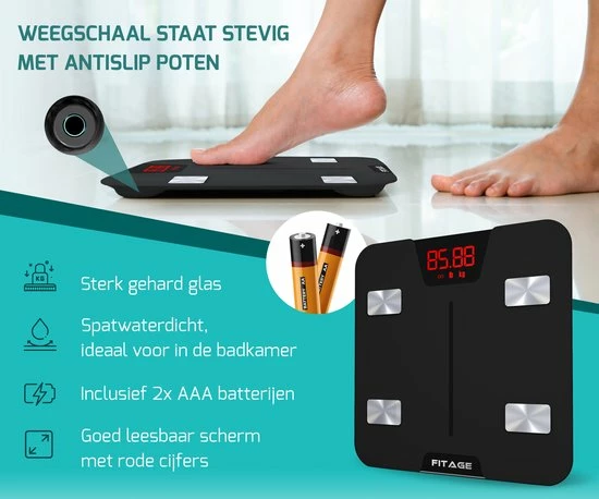 FITAGE® Personenweegschaal - Weegschaal Met 17x Lichaamsanalyse - Vetpercentagemeter - FITAGE App 9 FITAGE® Personenweegschaal - Weegschaal Met 17x Lichaamsanalyse - Vetpercentagemeter - FITAGE App - Afbeelding 7