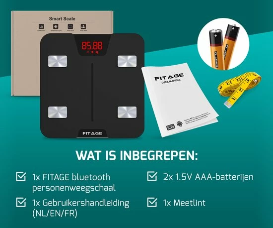 FITAGE® Personenweegschaal - Weegschaal Met 17x Lichaamsanalyse - Vetpercentagemeter - FITAGE App 10 FITAGE® Personenweegschaal - Weegschaal Met 17x Lichaamsanalyse - Vetpercentagemeter - FITAGE App - Afbeelding 8
