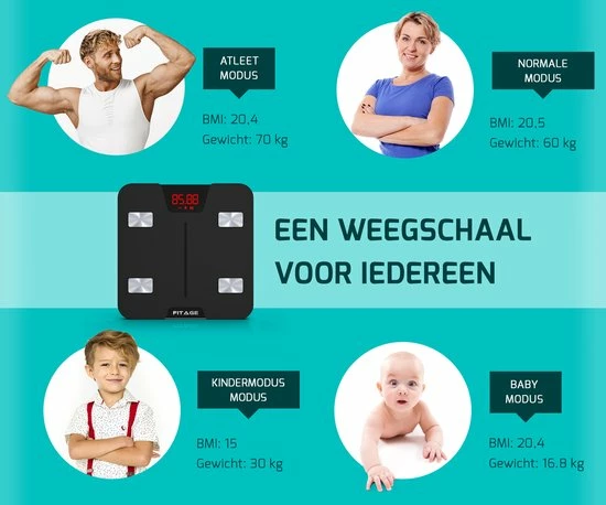 FITAGE® Personenweegschaal - Weegschaal Met 17x Lichaamsanalyse - Vetpercentagemeter - FITAGE App 11 FITAGE® Personenweegschaal - Weegschaal Met 17x Lichaamsanalyse - Vetpercentagemeter - FITAGE App - Afbeelding 9
