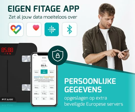 FITAGE® Personenweegschaal - Weegschaal Met 17x Lichaamsanalyse - Vetpercentagemeter - FITAGE App 12 FITAGE® Personenweegschaal - Weegschaal Met 17x Lichaamsanalyse - Vetpercentagemeter - FITAGE App - Afbeelding 10