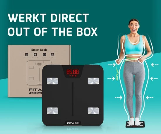 FITAGE® Personenweegschaal - Weegschaal Met 17x Lichaamsanalyse - Vetpercentagemeter - FITAGE App 14 FITAGE® Personenweegschaal - Weegschaal Met 17x Lichaamsanalyse - Vetpercentagemeter - FITAGE App - Afbeelding 12