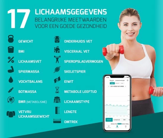 FITAGE® Personenweegschaal - Weegschaal Met 17x Lichaamsanalyse - Vetpercentagemeter - FITAGE App 13 FITAGE® Personenweegschaal - Weegschaal Met 17x Lichaamsanalyse - Vetpercentagemeter - FITAGE App - Afbeelding 11