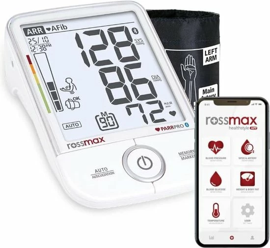 Rossmax X9 BT - Professionele Bloeddrukmeter Bovenarm - Klinisch Gevalideerd - Hartslagmeter - 2 Meetmethodes - Stethoscoop - Bluetooth - Smartphone App - Onregelmatige Hartslag, AFib, PC, TACH, BRAD Detectie - Geheugen - 3 Manchetten S,M,L 16-46 Cm 3 Rossmax X9 BT - Professionele Bloeddrukmeter Bovenarm - Klinisch Gevalideerd - Hartslagmeter - 2 Meetmethodes - Stethoscoop - Bluetooth - Smartphone App - Onregelmatige Hartslag, AFib, PC, TACH, BRAD Detectie - Geheugen - 3 Manchetten S,M,L 16-46 Cm