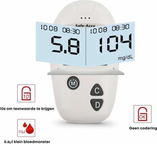 Thuys Glucosemeter - Bloedsuikermeter - Incl. Prikpen, 50 Teststrips & 50 Lancetten - Glucosemeter Startpakket 5 Thuys Glucosemeter - Bloedsuikermeter - Incl. Prikpen, 50 Teststrips & 50 Lancetten - Glucosemeter Startpakket - Afbeelding 3
