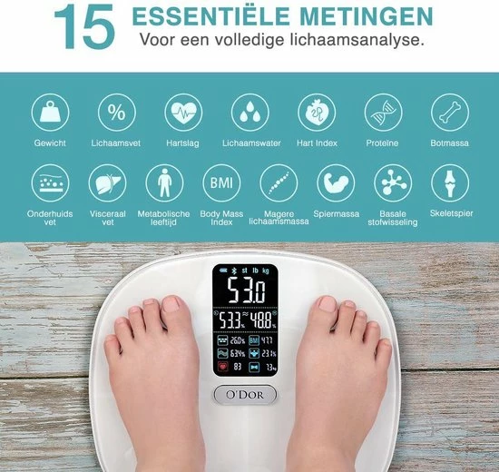 O'dor® Bluetooth Personenweegschaal - Weegschaal - Digitale Lichaamsanalyse - Meet Hartslag, Gewicht, Lichaamsvet, Spiermassa, BMI, Botmassa En Vetpercentage - Wit 4 O'dor® Bluetooth Personenweegschaal - Weegschaal - Digitale Lichaamsanalyse - Meet Hartslag, Gewicht, Lichaamsvet, Spiermassa, BMI, Botmassa En Vetpercentage - Wit - Afbeelding 2