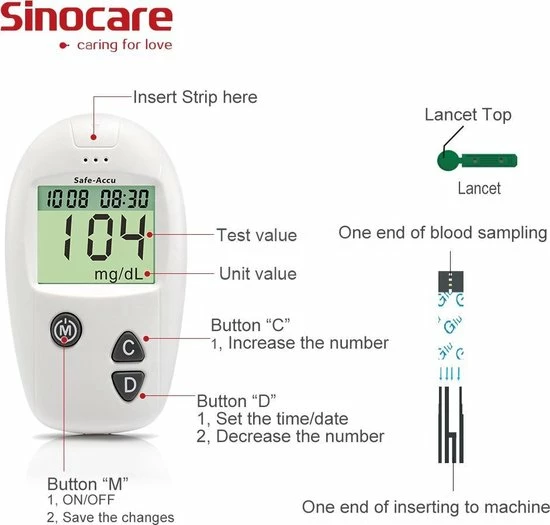 Sinocare - Sinocare Bloedglucosemeter, Safe-Accu Bloedglucosetestkit Met Bloedglucoseteststrips X 50 + Bloedsuikertestlancet X 50 + Diabetische Prikpen Zonder Code - Mg/dL 7 Sinocare - Sinocare Bloedglucosemeter, Safe-Accu Bloedglucosetestkit Met Bloedglucoseteststrips X 50 + Bloedsuikertestlancet X 50 + Diabetische Prikpen Zonder Code - Mg/dL - Afbeelding 5