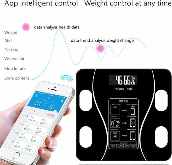 Merkloos Digitale Smart Weegschaal - Personenweegschaal - Met Lichaamsanalyse - USB Oplaadbaar - Met App - Zwart 6 Merkloos Digitale Smart Weegschaal - Personenweegschaal - Met Lichaamsanalyse - USB Oplaadbaar - Met App - Zwart - Afbeelding 4