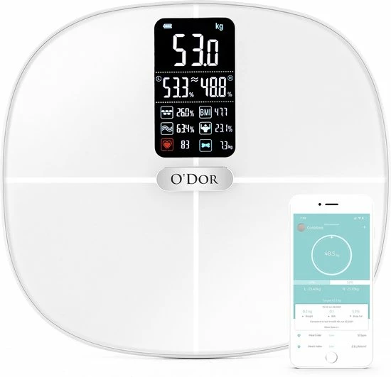 O'dor® Bluetooth Personenweegschaal - Weegschaal - Digitale Lichaamsanalyse - Meet Hartslag, Gewicht, Lichaamsvet, Spiermassa, BMI, Botmassa En Vetpercentage - Wit 3 O'dor® Bluetooth Personenweegschaal - Weegschaal - Digitale Lichaamsanalyse - Meet Hartslag, Gewicht, Lichaamsvet, Spiermassa, BMI, Botmassa En Vetpercentage - Wit