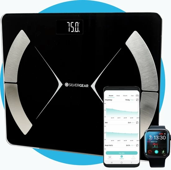 Silvergear Bluetooth Personenweegschaal - Met Zeer Volledige Lichaamsanalyse Met Vetpercentage ? Inclusief Analyse App ? Zwart 3 Silvergear Bluetooth Personenweegschaal - Met Zeer Volledige Lichaamsanalyse Met Vetpercentage ? Inclusief Analyse App ? Zwart