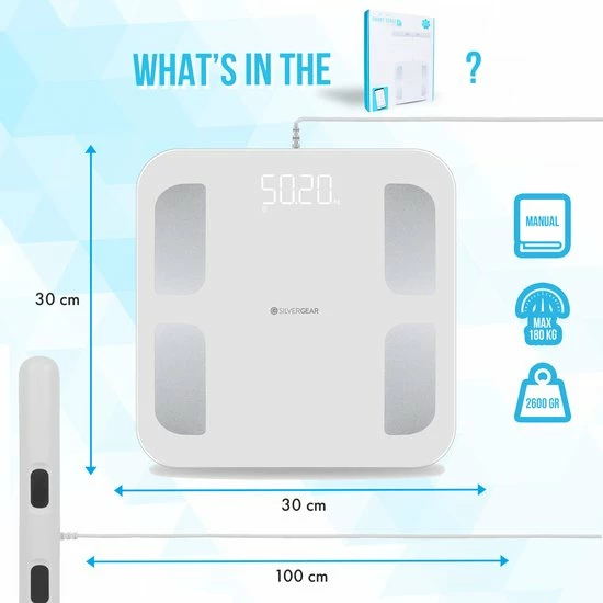 Silvergear Slimme Pro Weegschaal Met Handvat - 14 Meetfuncties En Analyse App - 8 Sensoren - Professionele Sportschool Smart Scale - Bio Impedantie Meting - Onderlichaam ?n Bovenlichaam Metingen - Wit 9 Silvergear Slimme Pro Weegschaal Met Handvat - 14 Meetfuncties En Analyse App - 8 Sensoren - Professionele Sportschool Smart Scale - Bio Impedantie Meting - Onderlichaam ?n Bovenlichaam Metingen - Wit - Afbeelding 7