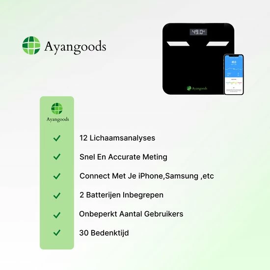 Ayangoods Slimme Weegschaal ? Personenweegschaal Beste Koop ? 12x Lichaamsanalyse O.a. Vetpercentage, BMI - Met App ? Digitale Weegschaal Personen ? Weegschaal Analoog ? Sport Weegschaal ? Fitness Weegschaal 6 Ayangoods Slimme Weegschaal ? Personenweegschaal Beste Koop ? 12x Lichaamsanalyse O.a. Vetpercentage, BMI - Met App ? Digitale Weegschaal Personen ? Weegschaal Analoog ? Sport Weegschaal ? Fitness Weegschaal - Afbeelding 4