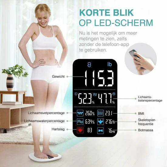 O'dor® Bluetooth Personenweegschaal - Weegschaal - Digitale Lichaamsanalyse - Meet Hartslag, Gewicht, Lichaamsvet, Spiermassa, BMI, Botmassa En Vetpercentage - Wit 11 O'dor® Bluetooth Personenweegschaal - Weegschaal - Digitale Lichaamsanalyse - Meet Hartslag, Gewicht, Lichaamsvet, Spiermassa, BMI, Botmassa En Vetpercentage - Wit - Afbeelding 9
