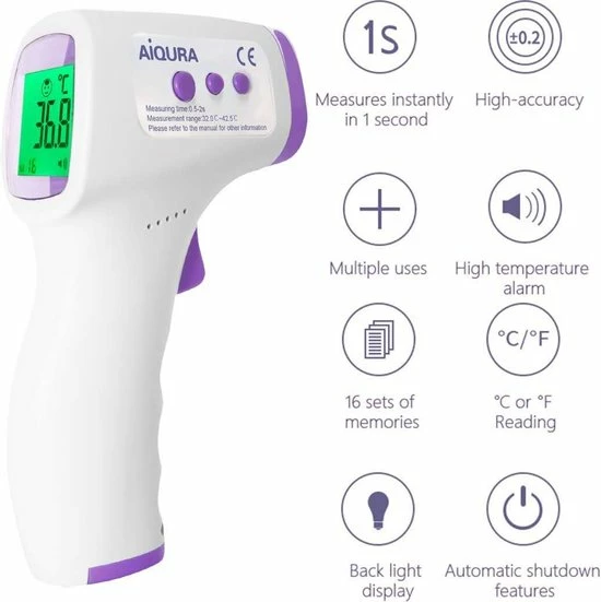 Aigura Aiqura Koortsthermometer | Infrarood Thermometer | Infrarood Temperatuurmeter | Verlicht Display | Automatisch Standby | Geheugen Voor 16 Sets | Meet Binnen 2 Sec. | Nauwkeurig Contactloze Thermometer 6 Aigura Aiqura Koortsthermometer | Infrarood Thermometer | Infrarood Temperatuurmeter | Verlicht Display | Automatisch Standby | Geheugen Voor 16 Sets | Meet Binnen 2 Sec. | Nauwkeurig Contactloze Thermometer - Afbeelding 4