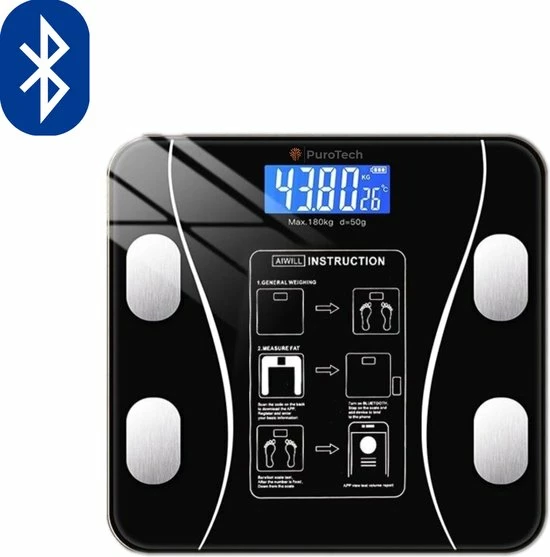PuroTech Slimme Weegschaal - Lichaamsanalyse & Vetpercentagemeter - Met App - Smart Weegschaal - Zwart - Bluetooth - Personenweegschaal 3 PuroTech Slimme Weegschaal - Lichaamsanalyse & Vetpercentagemeter - Met App - Smart Weegschaal - Zwart - Bluetooth - Personenweegschaal