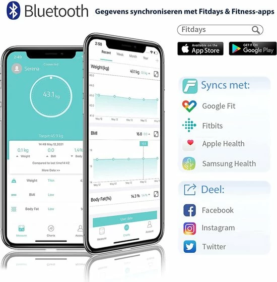 O'dor® Bluetooth Personenweegschaal - Weegschaal - Digitale Lichaamsanalyse - Meet Hartslag, Gewicht, Lichaamsvet, Spiermassa, BMI, Botmassa En Vetpercentage - Wit 5 O'dor® Bluetooth Personenweegschaal - Weegschaal - Digitale Lichaamsanalyse - Meet Hartslag, Gewicht, Lichaamsvet, Spiermassa, BMI, Botmassa En Vetpercentage - Wit - Afbeelding 3