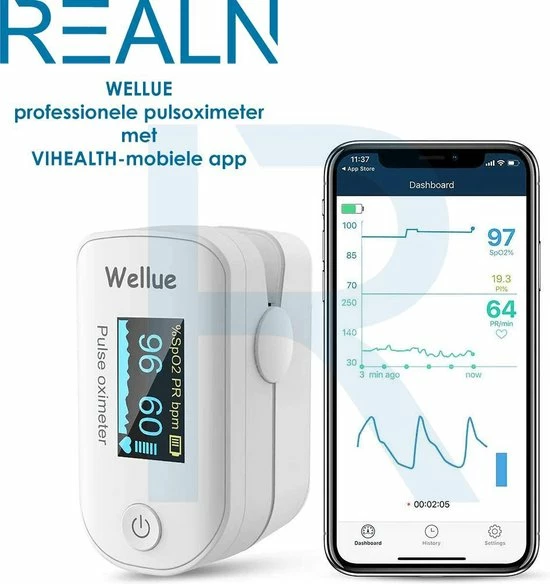 RealN WELLUE Professionele Saturatiemeter Met VIHEALTH-App - Oximeter - Hartslagmeter - Zuurstofmeter Vinger - Pulse Oximeter - Led Scherm - Wit 3 RealN WELLUE Professionele Saturatiemeter Met VIHEALTH-App - Oximeter - Hartslagmeter - Zuurstofmeter Vinger - Pulse Oximeter - Led Scherm - Wit
