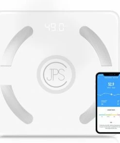 JPS Care? Personenweegschaal - Smart Weegschaal - Met 12 Lichaamsanalyse & Vetpercentage Metingen - Digitaal - Bluetooth Met App - Oplaadbaar Met 6 Maanden Batterij - Wit
