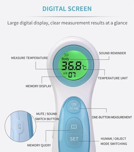 Infrarood Thermometer- Koorts- Contactloos- Thermometer Lichaam, Voorhoofd, Oor- Professioneel- Medisch- Baby, Kinderen, Volwassenen- Digitaal- CE Gecertificeerd, Hygi?nisch, Veilig, Makai 5 Infrarood Thermometer- Koorts- Contactloos- Thermometer Lichaam, Voorhoofd, Oor- Professioneel- Medisch- Baby, Kinderen, Volwassenen- Digitaal- CE Gecertificeerd, Hygi?nisch, Veilig, Makai - Afbeelding 3