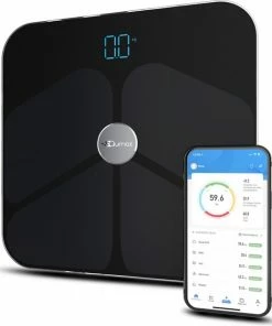 Qumax Slimme Weegschaal Met Lichaamsanalyse - Personenweegschaal Nederlandse App ? Digitale Weegschaal Met 11 Meetfuncties ? Anti-slip - Zwart