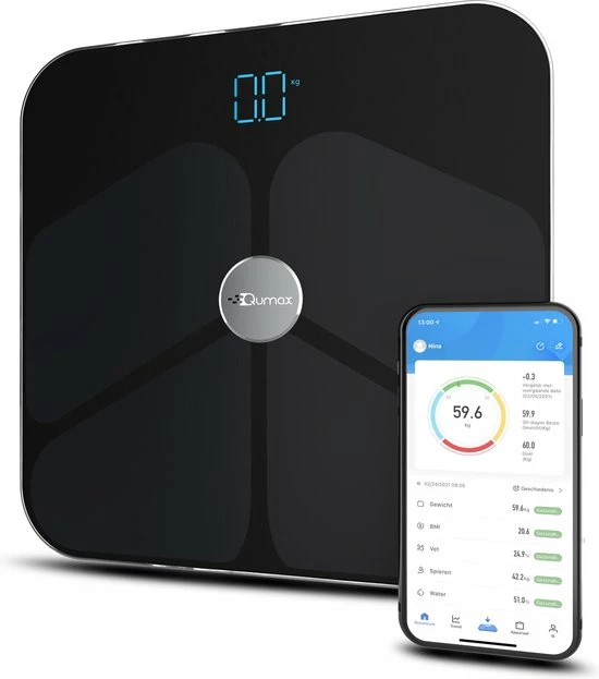 Qumax Slimme Weegschaal Met Lichaamsanalyse - Personenweegschaal Nederlandse App ? Digitale Weegschaal Met 11 Meetfuncties ? Anti-slip - Zwart 3 Qumax Slimme Weegschaal Met Lichaamsanalyse - Personenweegschaal Nederlandse App ? Digitale Weegschaal Met 11 Meetfuncties ? Anti-slip - Zwart