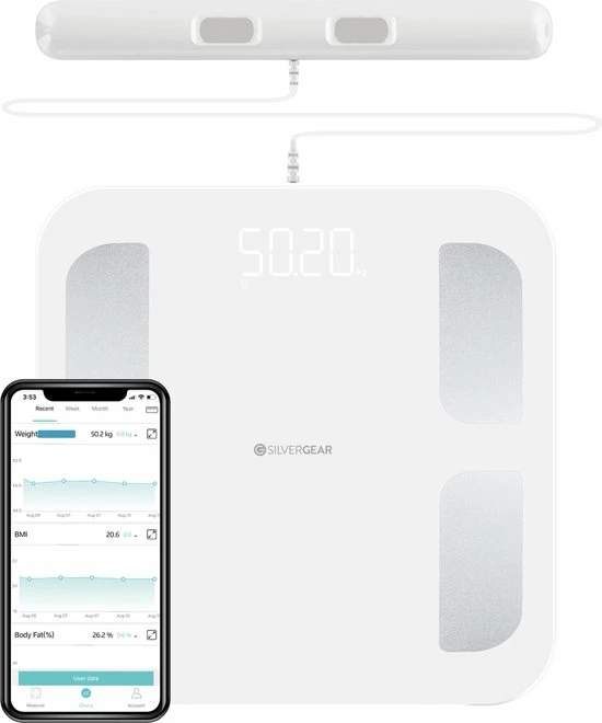 Silvergear Slimme Pro Weegschaal Met Handvat - 14 Meetfuncties En Analyse App - 8 Sensoren - Professionele Sportschool Smart Scale - Bio Impedantie Meting - Onderlichaam ?n Bovenlichaam Metingen - Wit 3 Silvergear Slimme Pro Weegschaal Met Handvat - 14 Meetfuncties En Analyse App - 8 Sensoren - Professionele Sportschool Smart Scale - Bio Impedantie Meting - Onderlichaam ?n Bovenlichaam Metingen - Wit