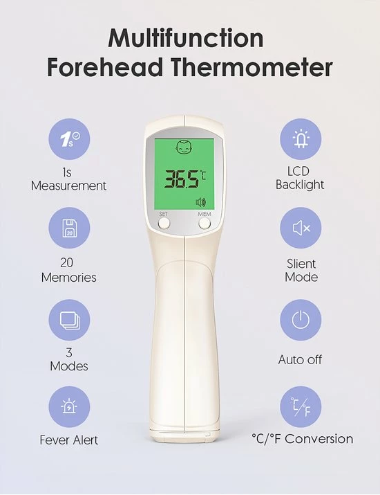 HYLOGY Thermometer Voor Volwassenen Digitaal - Infrarood Koortsthermometer Contactloze - Thermometer Lichaam Kinderen - Voorhoofd Thermometer Baby Met Lcd Display 5 HYLOGY Thermometer Voor Volwassenen Digitaal - Infrarood Koortsthermometer Contactloze - Thermometer Lichaam Kinderen - Voorhoofd Thermometer Baby Met Lcd Display - Afbeelding 3